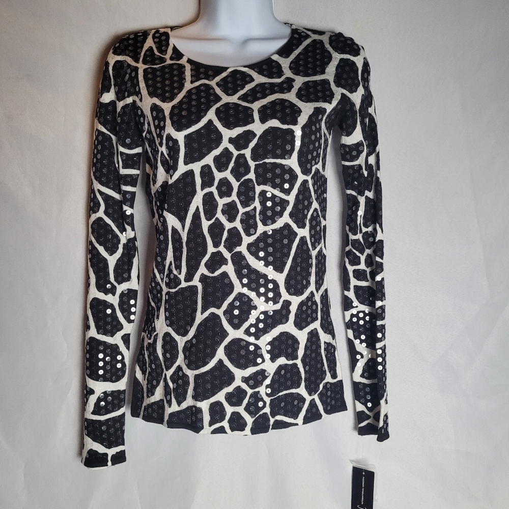 INC International Concepts NWT Animal Print Sequin Long Sleeve Top Size XS